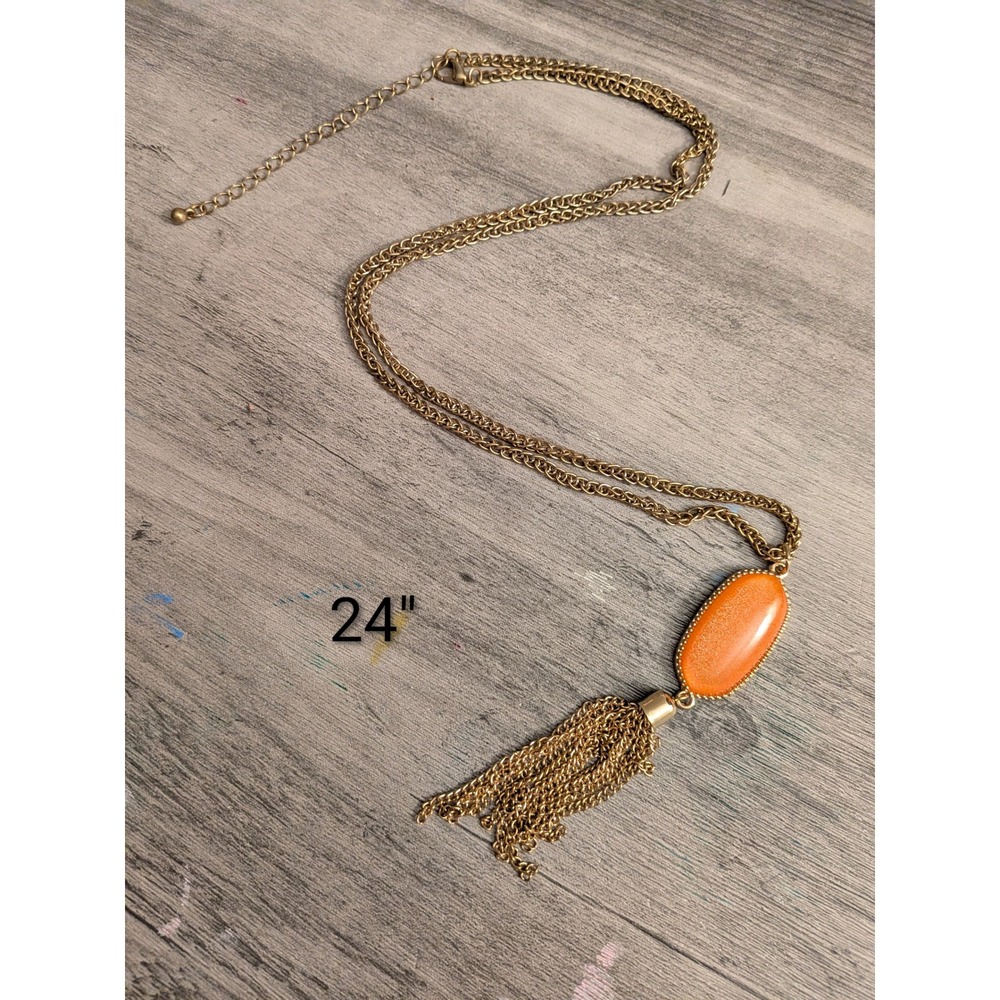 Womens Antique Brass Tone Orange Oval Stone Tassel Pendant Long Necklace 24 inch